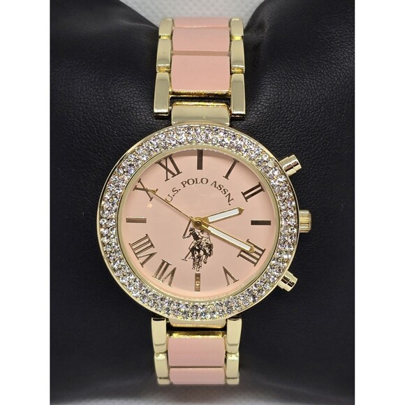 Accessories - Women's U.S. Polo Assn Trendy Pink Nude Gold Tone Case Bracelet Band Watch 11